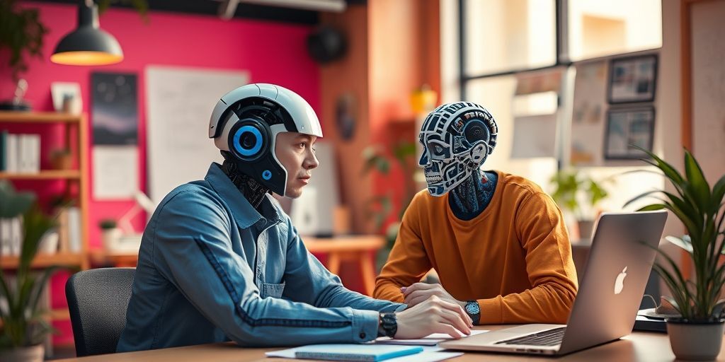 An inspiring scene of a content creator and AI working together, brainstorming in a vibrant workspace, symbolizing synergy between human creativity and artificial intelligence.