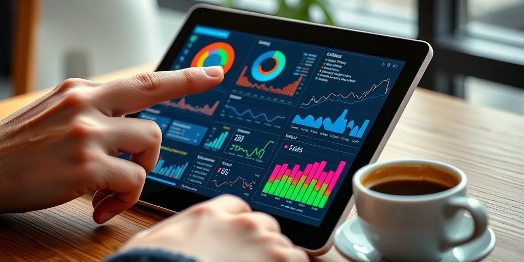 Close-up of hands pointing to interactive AI data visualizations on a tablet, colorful charts, Persian-language labels, coffee cup, natural light, professional startup environment, crisp depth of field, photorealistic.