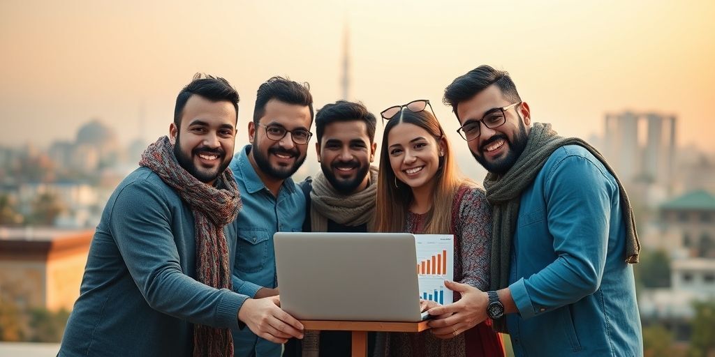 A celebratory small startup team in Tehran, smiling around a laptop showing growth charts, subtle city skyline visible, traditional motifs, warm candid photography, high-resolution, conveys innovation and local pride.