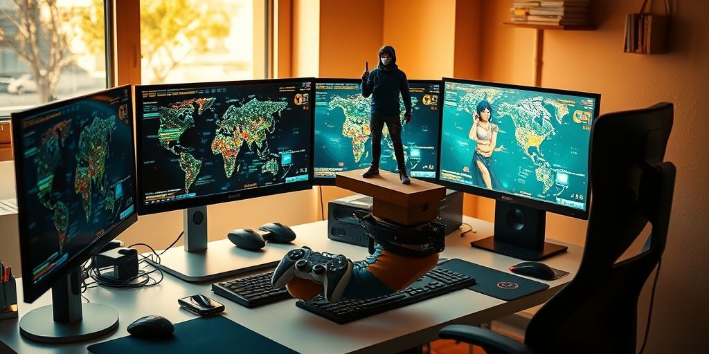 A vivid scene of a Persian gamer balancing a digital avatar with real-world objects on a modern desk, warm daylight, multiple screens, showing the blending of online and offline life.