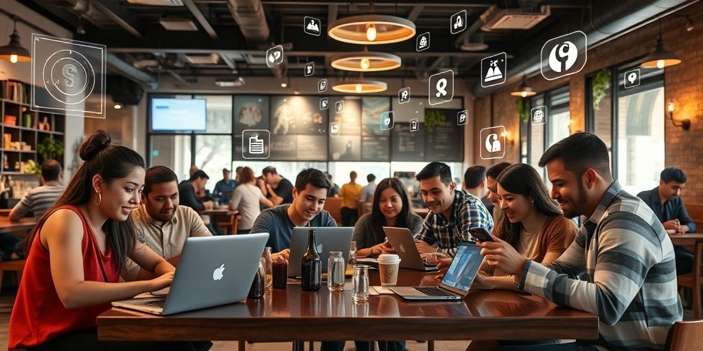 A diverse group of friends in a bustling cafe using laptops and phones, holographic UI elements floating around, icons of currencies and social sharing creating a lively virtual-real blend.