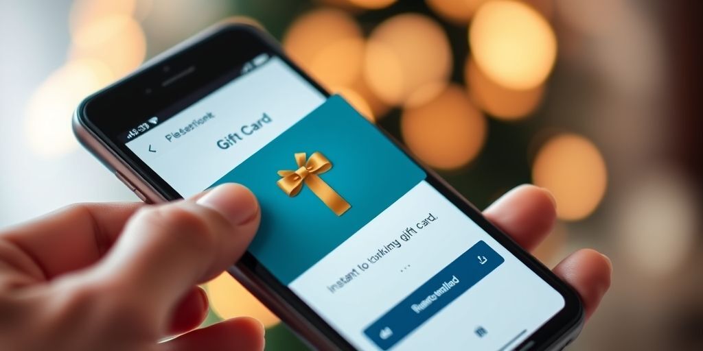 Close-up of a hand holding a gift card while a smartphone displays a digital wallet, soft bokeh, symbols of trust and instant gifting in a connected virtual economy.