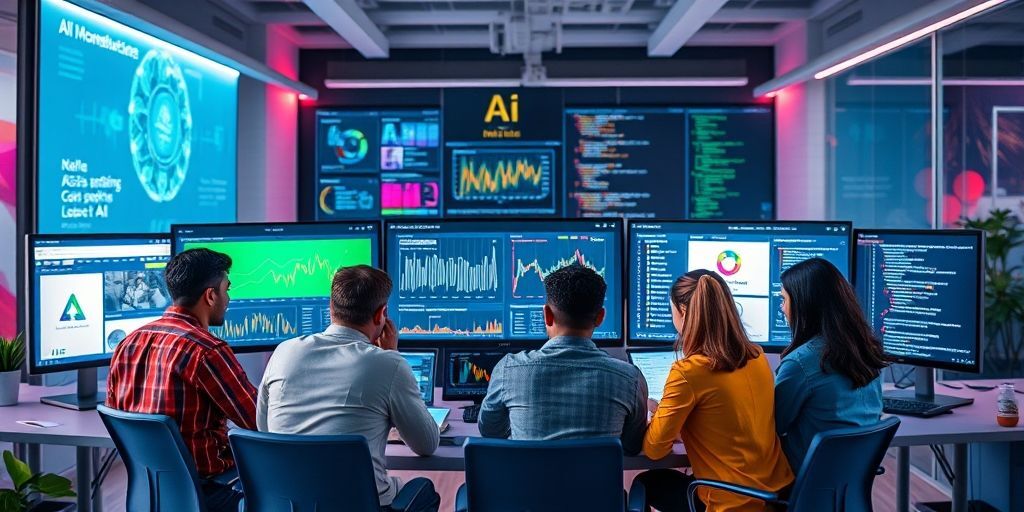 A diverse team collaborating around screens showing AI models, marketplace dashboards, and code, representing online monetization opportunities, with vibrant colors and a futuristic office backdrop.