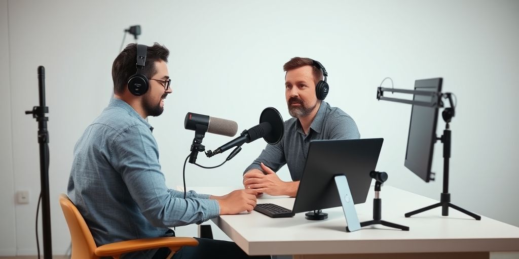 A content creator recording an online tutorial on AI monetization, seated at a clean desk with a microphone, camera, and soft studio lighting, conveying trust and instruction.