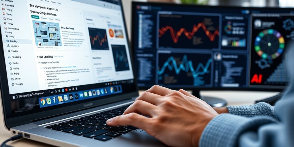 A close-up of hands typing on a laptop, screens showing keyword research, semantic graphs, and AI insights in a modern workspace.