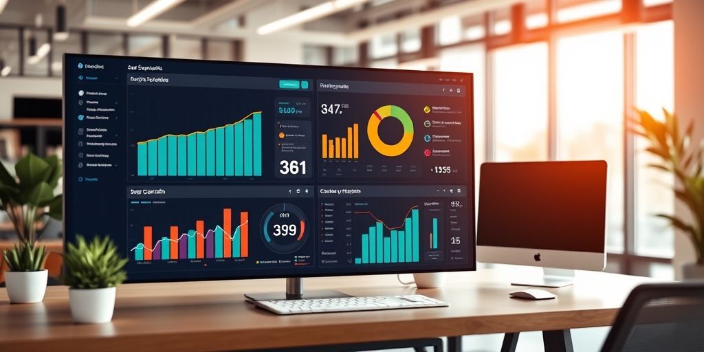 A data-driven dashboard displaying SEO metrics with AI insights, charts and a focus on growth and optimization in a modern office.