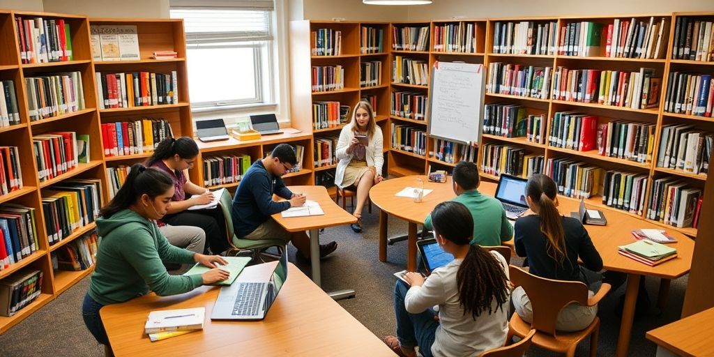 A library corner with students using laptops and notebooks, organized study zones, and a teacher guiding them, emphasizing collaboration in a well-structured weekly plan.