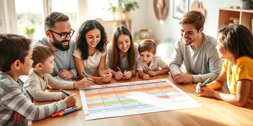 A family creating a weekly planner on a large table, with parents and children discussing tasks and writing in colorful markers, emphasizing collaboration and planning.