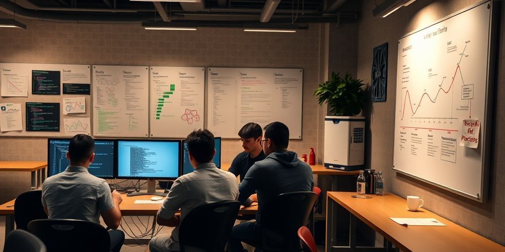 A focused coworking space with students building AI projects, code on monitors, whiteboards filled with flowcharts, coffee cups, and a progress graph under warm lighting, showcasing collaboration, experimentation, and real-world results among diverse learners.