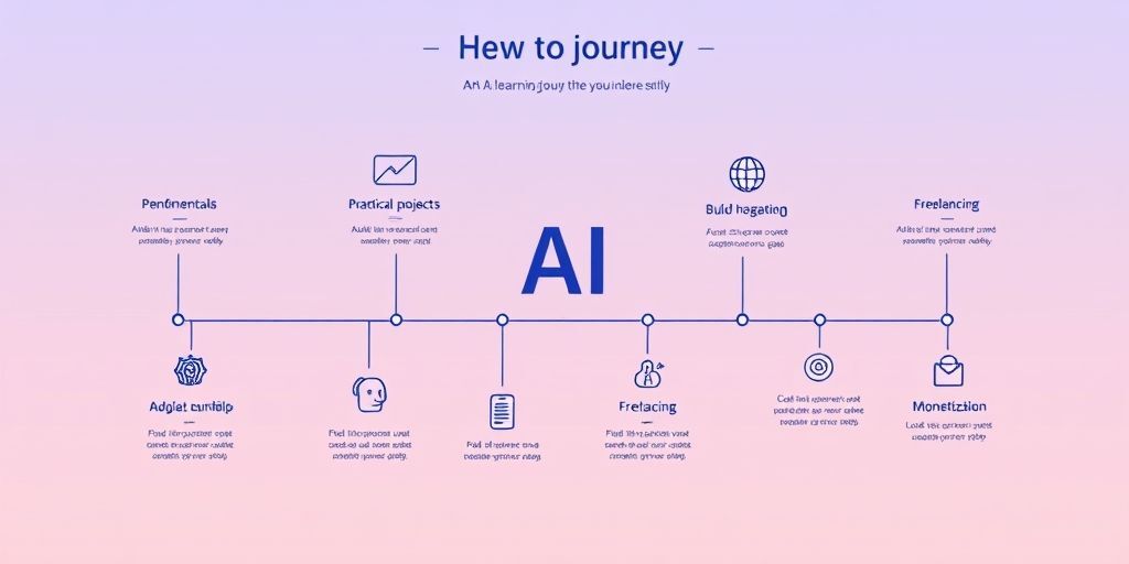 An illustrated concept map showing an AI learning journey with stages: fundamentals, practical projects, building a portfolio, freelancing and monetization, presented in clean vector art with Persian context icons, soft gradient background, and aspirational visuals.