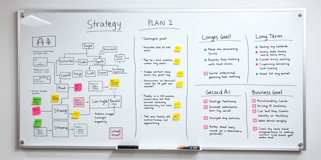A visual strategy board with flowcharts, AI implementation plans, and long-term business goals outlined with vibrant markers on a modern whiteboard.