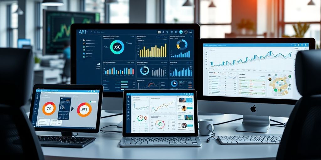 A high-tech selection of AI software dashboards displayed on computers and tablets, highlighting diverse tools and analytics interfaces in a professional workspace.