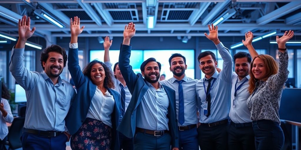 An optimistic business team celebrating success with futuristic AI integrations, glowing screens, and a sense of achievement in a modern office setting.