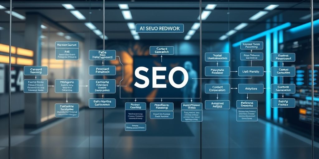 A futuristic AI-driven SEO workflow diagram on a glass wall, highlighting data sources, keyword research, content generation, and performance analytics, with clear Persian UI labels and a sleek, energetic atmosphere.