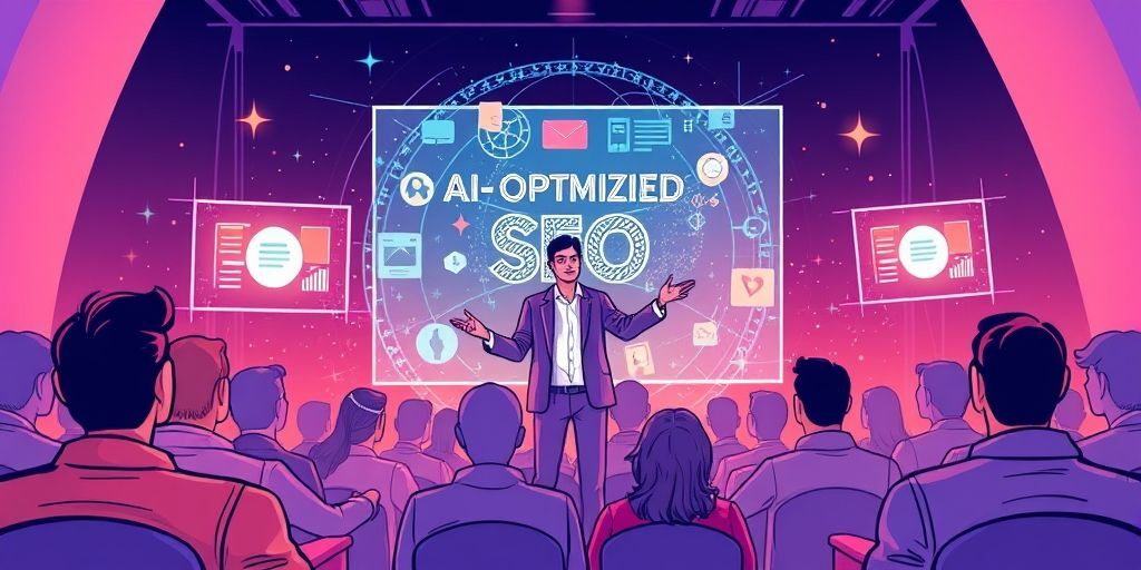 An engaging illustration of a startup founder presenting an AI-optimized SEO strategy to a global audience through holographic screens, sparkles of inspiration, and a vibrant color palette.