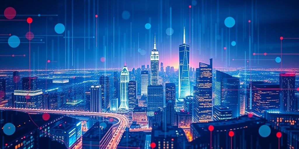 An abstract AI neural network visualization overlaying a city skyline and search bars, symbolizing AI shaping SEO strategies in real-world contexts, bright colors, sharp focus.