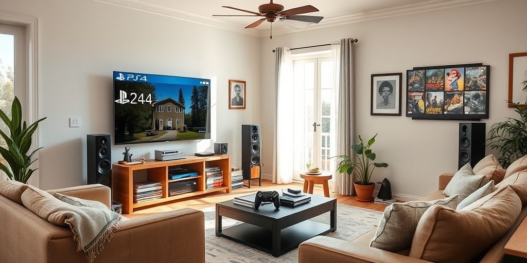 A gamer setup featuring a PS4, several game boxes, and a large TV in a bright living room, natural daylight, warm tones, highlighting a timeless, budget-friendly entertainment hub for families and friends.