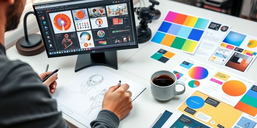 A mid-creative workflow scene: designer sketching concepts while AI tools generate variations on screen, colorful mood boards, and a coffee cup, conveying productive synergy between human intuition and machine speed.