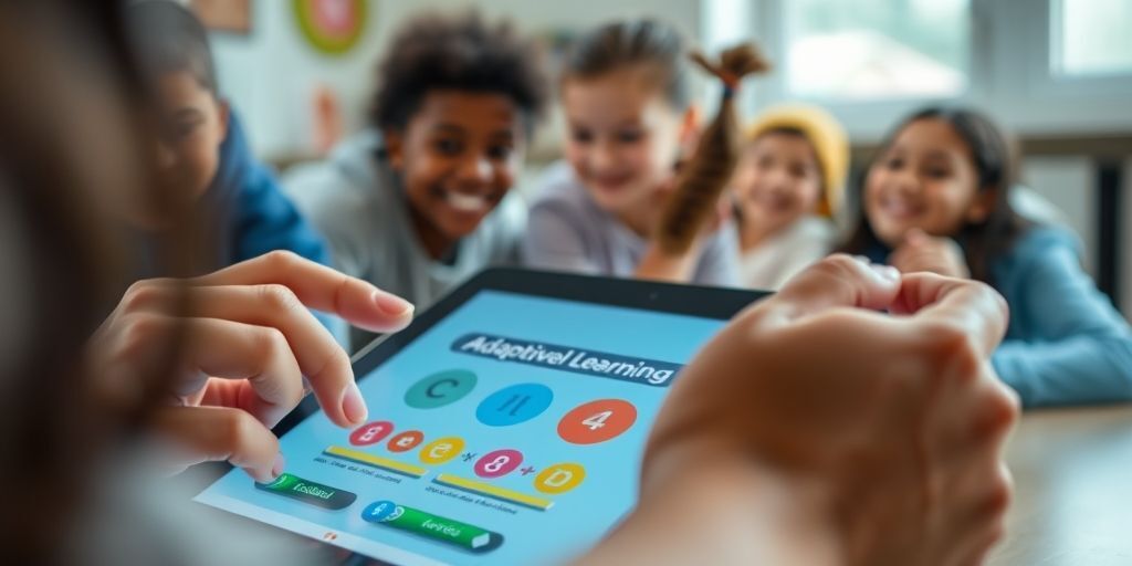 Close-up of hands interacting with a tablet showing an adaptive learning game, with colorful progress indicators and a diverse set of learners engaged and smiling, conveying motivation and inclusive education.