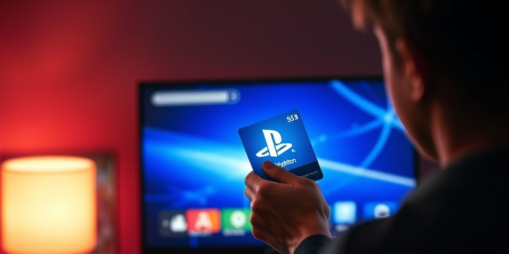 A detailed scene of a gamer redeeming a PlayStation gift card on a bright screen, with vibrant icons and a calm, focused ambiance.