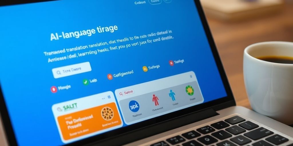 A close-up of a language learning app showing AI-powered translation and cultural cues, vibrant colors and learning milestones on a laptop with a coffee cup nearby.