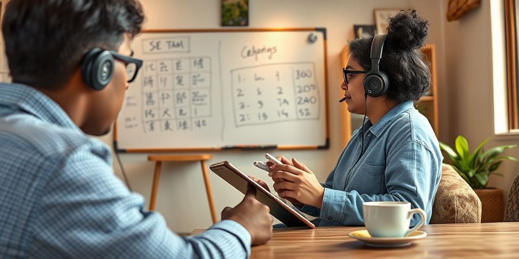 A person using voice recognition and AI tutor on a tablet, immersive language practice, multicultural environment, digital whiteboard, soft lighting, realistic textures, and a cup of tea nearby.