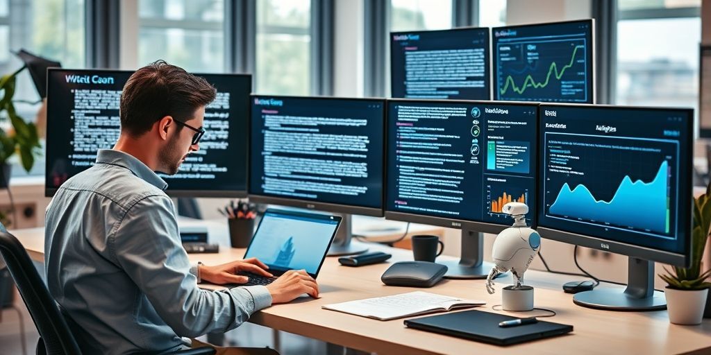 A cinematic desk scene with a content writer collaborating with an AI assistant on a laptop, multiple monitors displaying generated outlines, keyword suggestions, readability scores, and a web analytics chart in a bright, modern office.