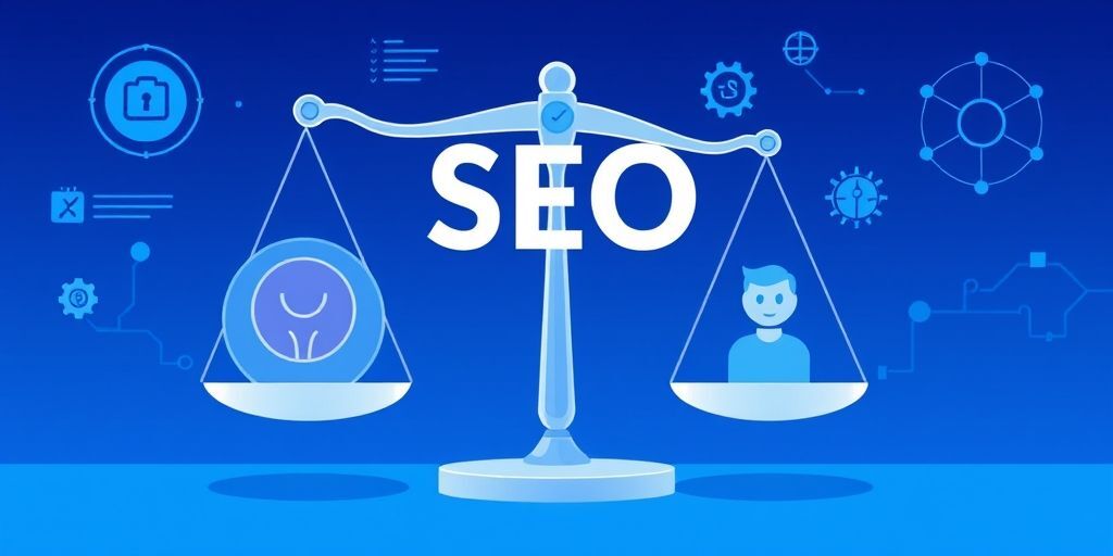 A conceptual illustration portraying AI ethics in SEO: scales balancing data privacy, transparency, and user trust, with a blue palette and abstract symbols representing algorithms, consent, and responsible AI use.