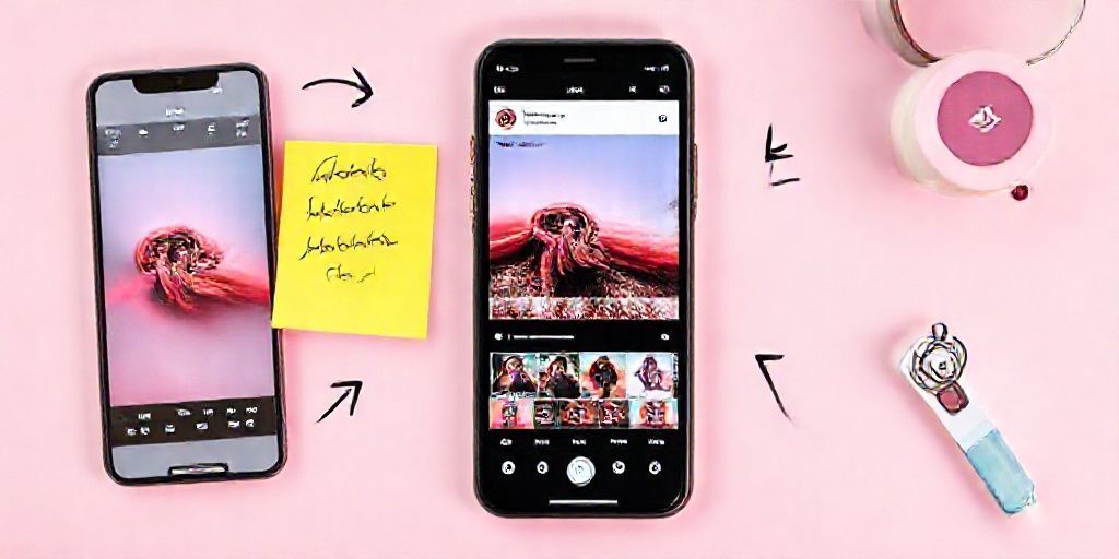 A step-by-step visual workflow: smartphone showing Instagram reels editor, sticky notes with ideas, AI assistant icons, arrows indicating stages, clean flat-lay, bright colors, high-detail