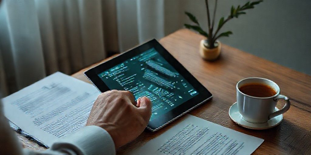 A thoughtful scene: person reviewing AI-generated content on a tablet, legal documents and a cup of tea nearby, soft lighting, emphasis on trust and responsibility, realistic detail, editorial style